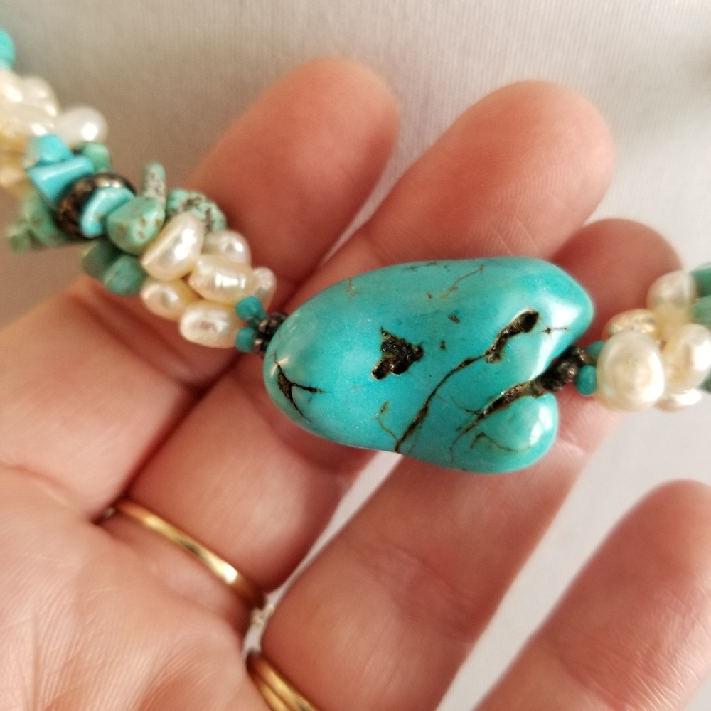Necklace Southwestern Chunky real pearls and blue stone western style - Picture 11 of 17